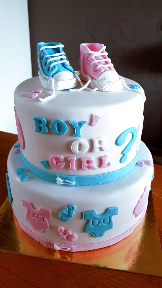 Two Tier With Shoes Gender Reveal Cake