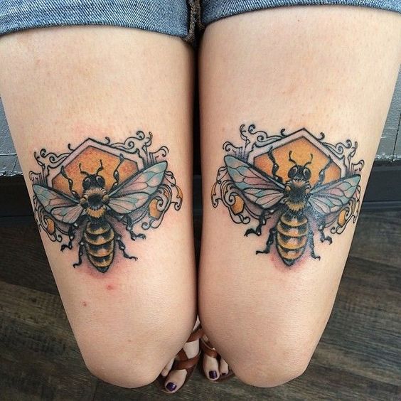 Pair Leg Bee Tattoos