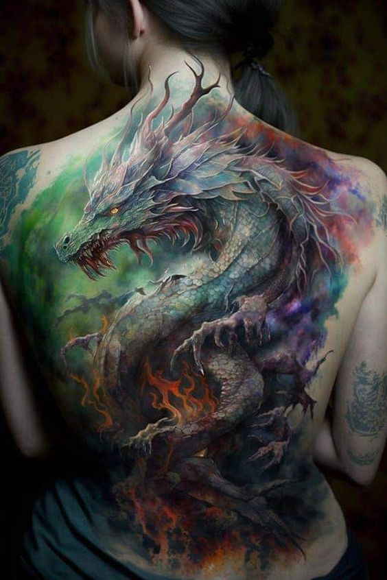 Color Dragon Tattoo in Back