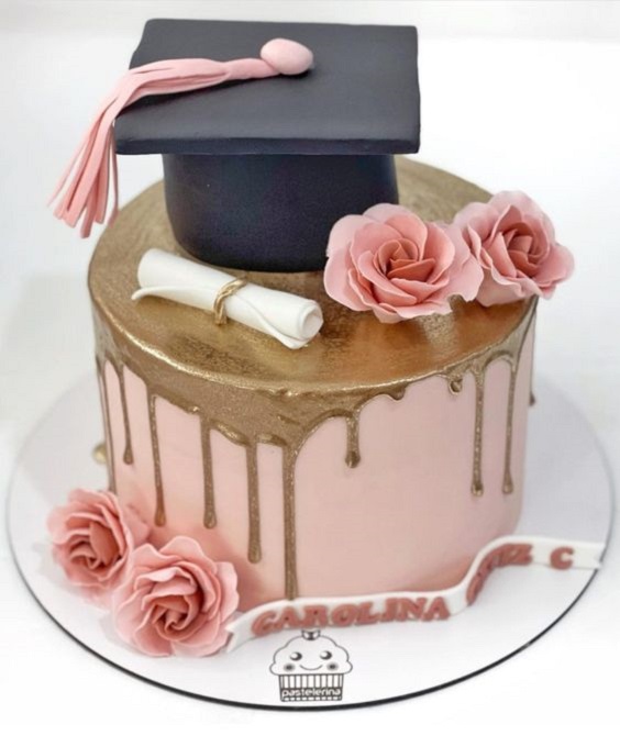 Graduation Hat with Degree and Flower on Cake 