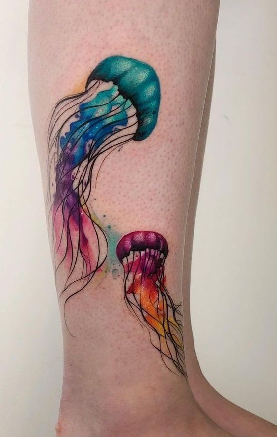 2 Coloured Jellyfish Tattoo on leg